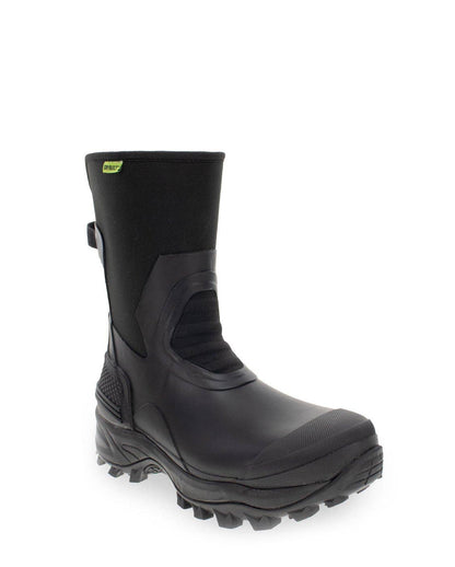 Black rubber boot with a brand logo on a white background