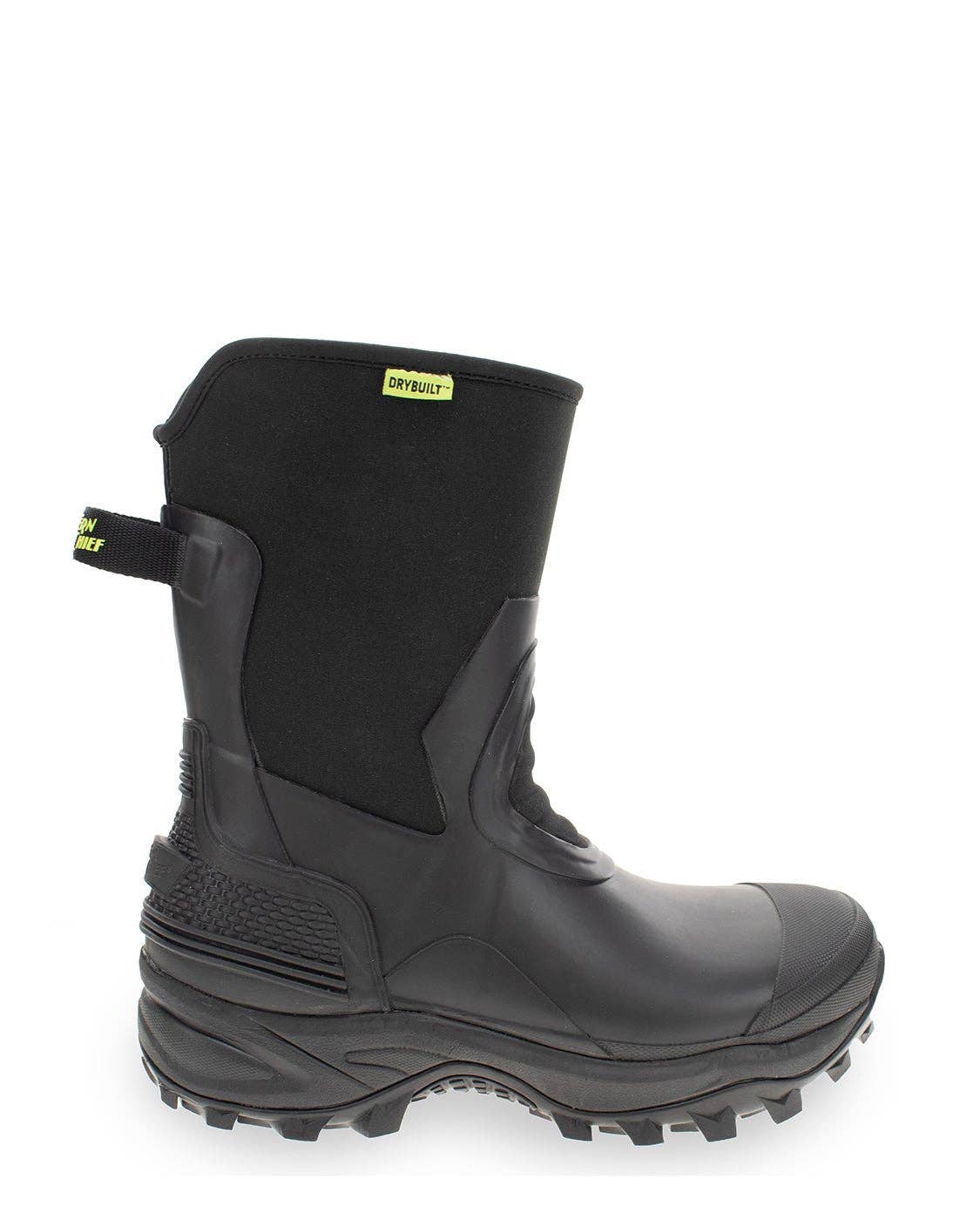 Black rubber boot with a visible brand logo on a white background