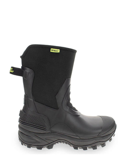 Black rubber boot with a visible brand logo on a white background