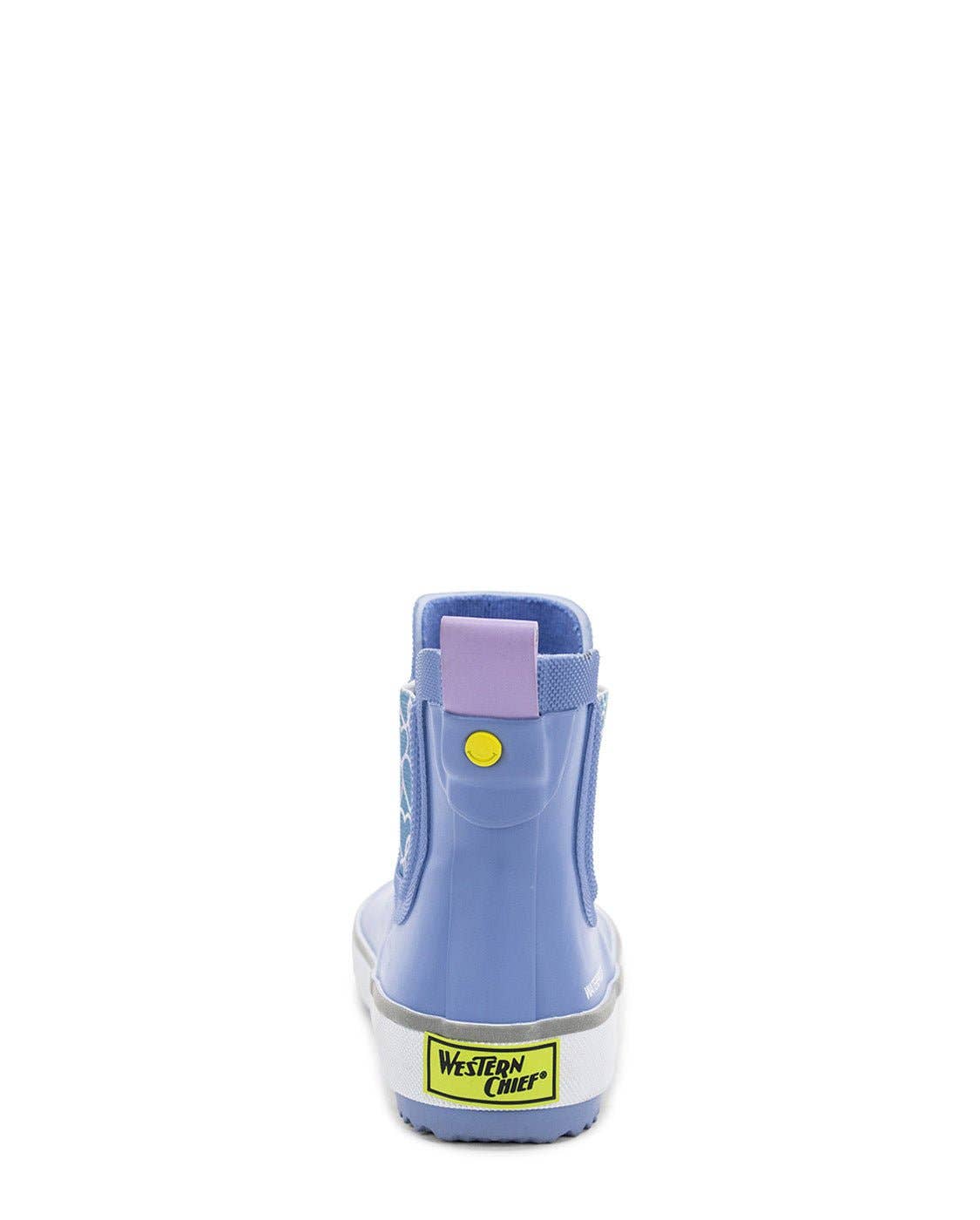 Blue rain boot with a visible brand logo on a white background
