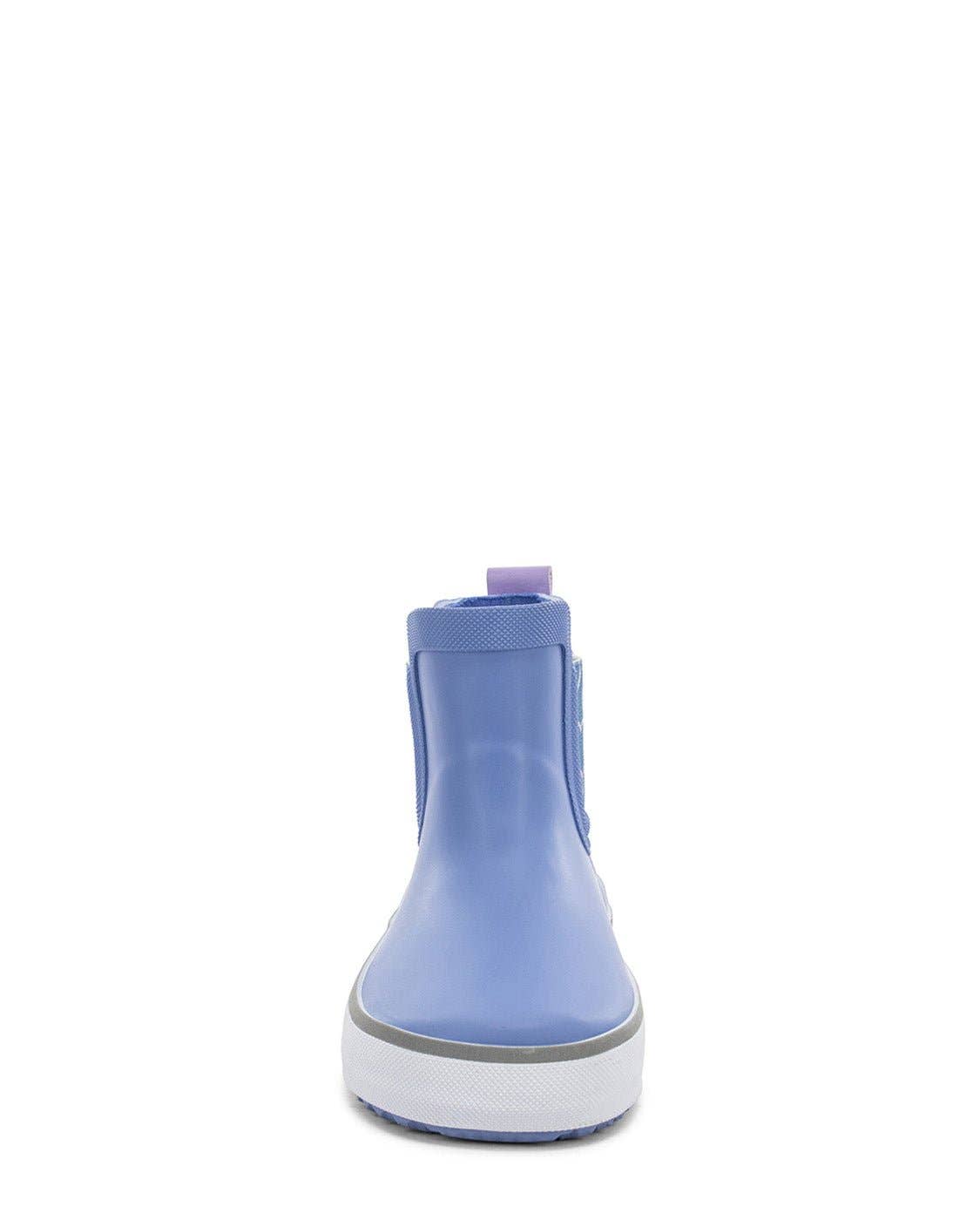 Blue rain boot with white sole on a white background