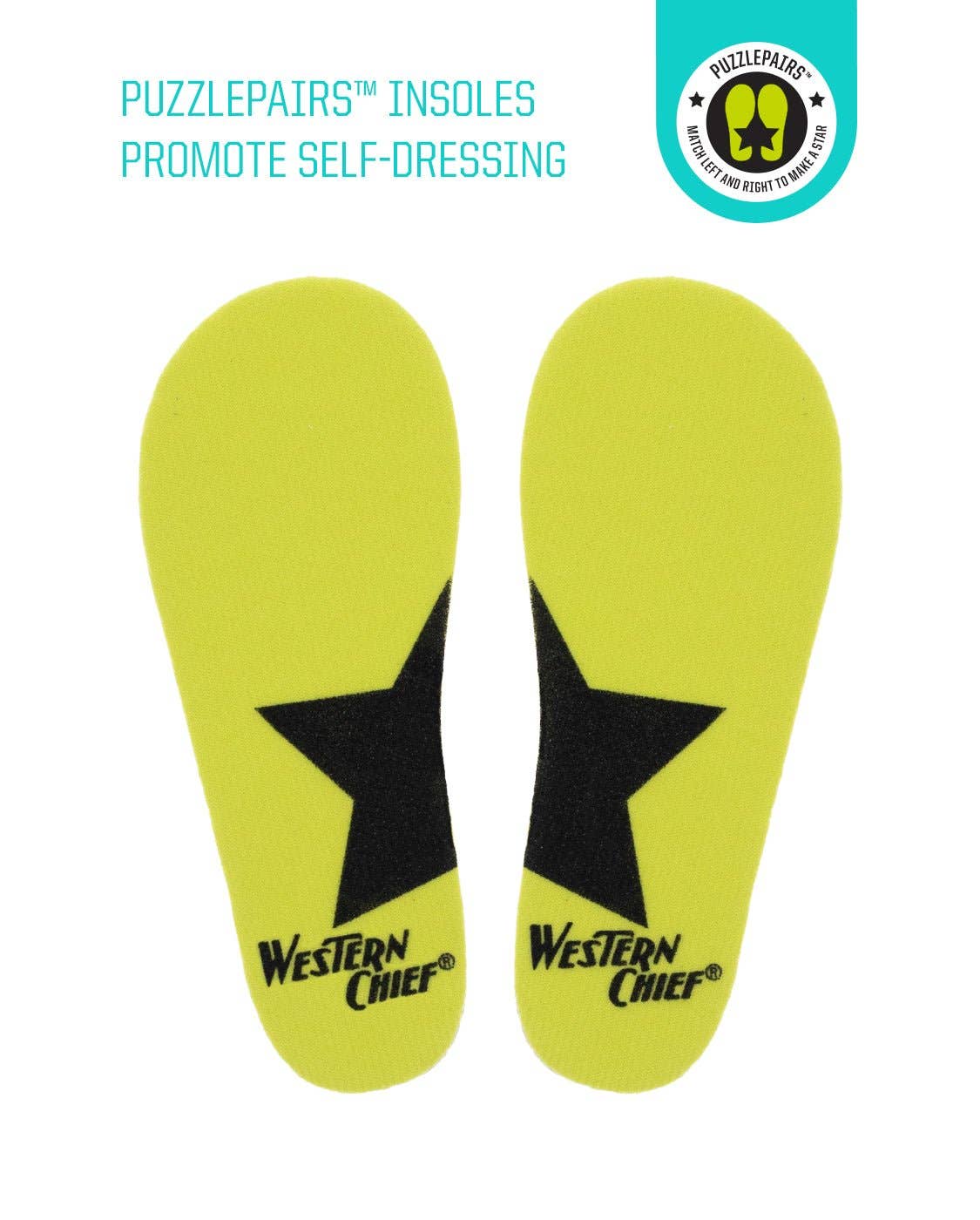 Yellow insoles with black stars and 'Western Chief' branding on a white background.