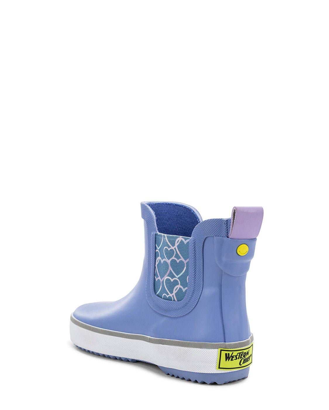 Blue rain boot with heart pattern on a white background