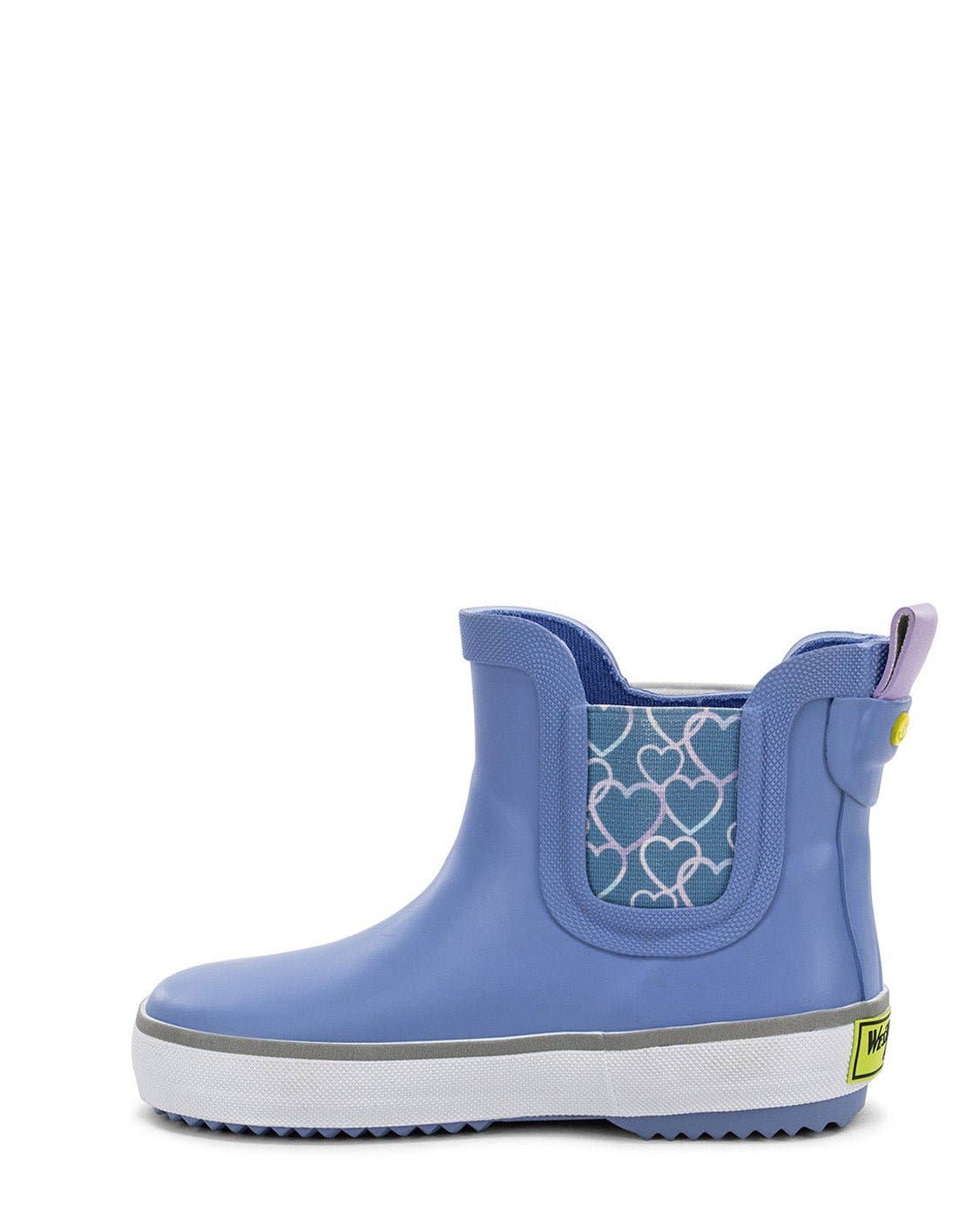 Blue rain boot with white heart pattern on a white background