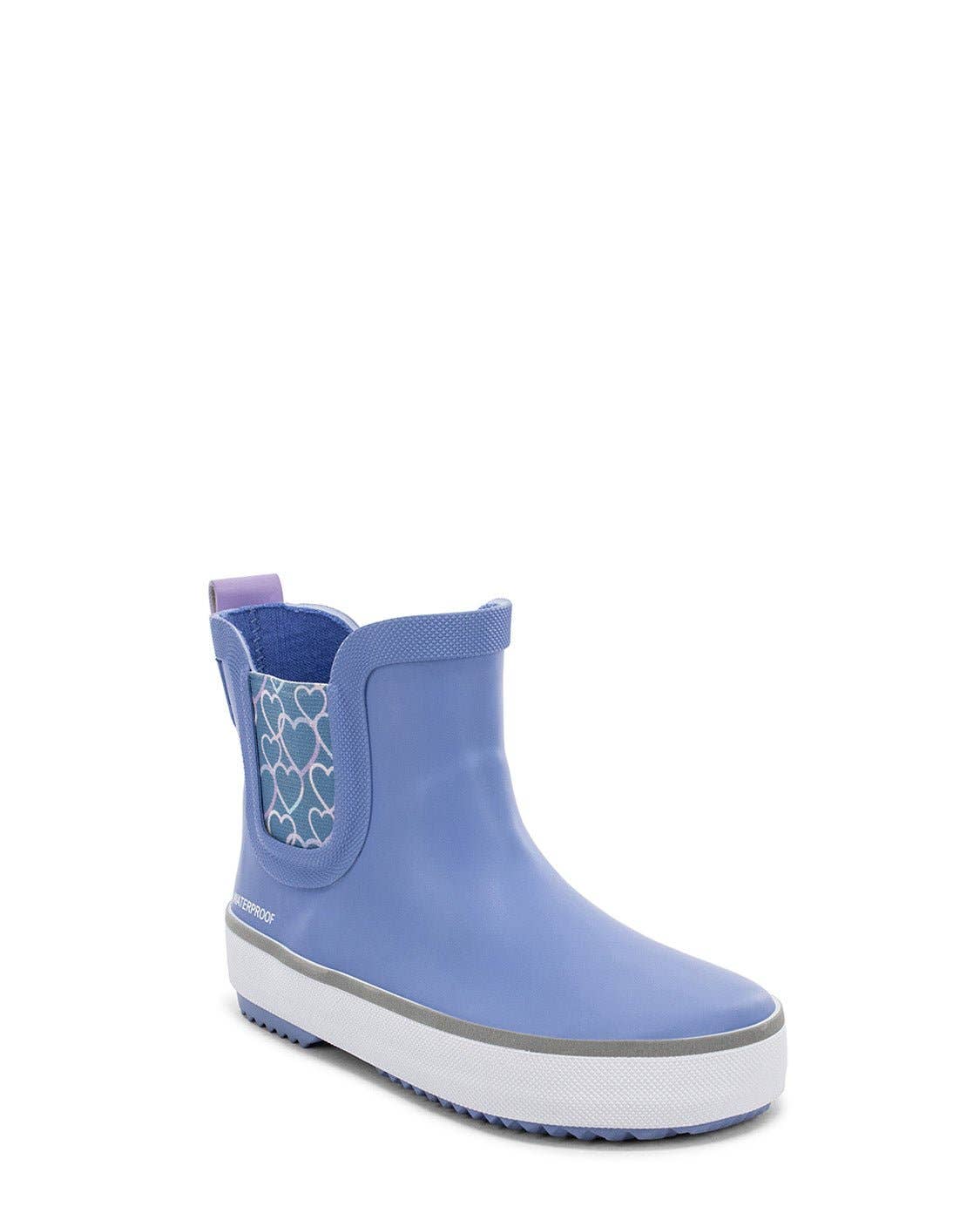 Blue rain boot with white sole on a white background