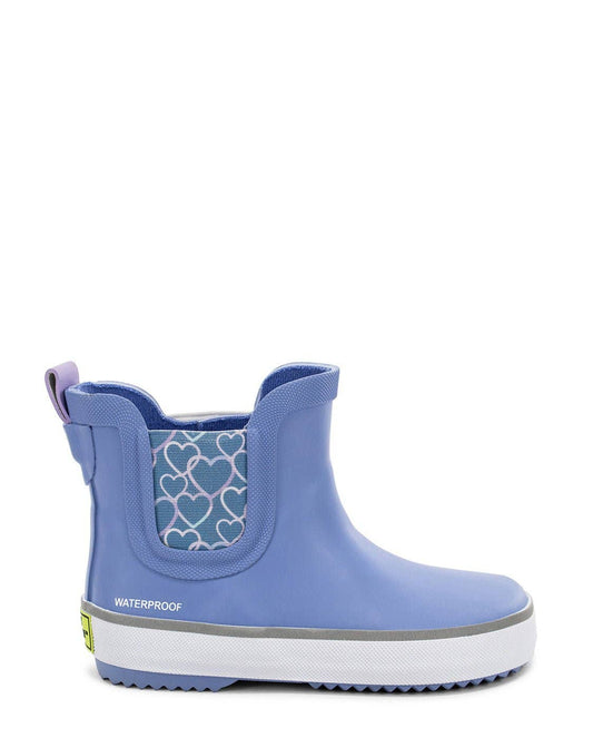 Blue rain boot with heart pattern on a white background