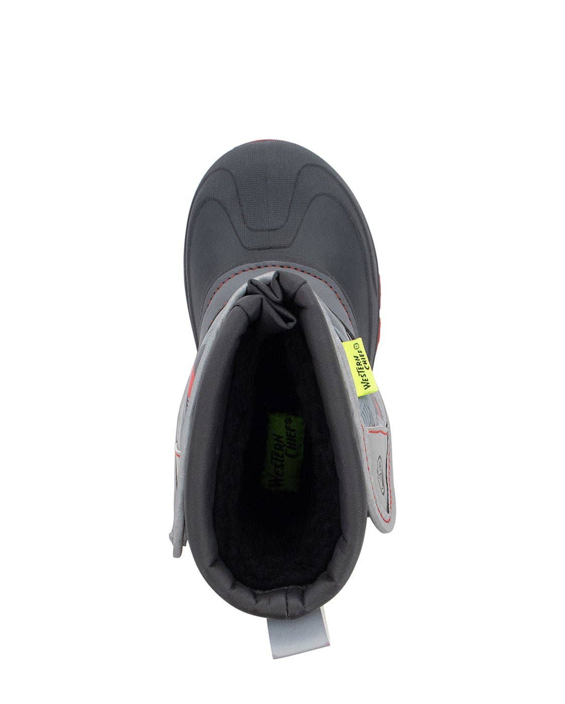 Gray winter boot with a visible brand label on a white background