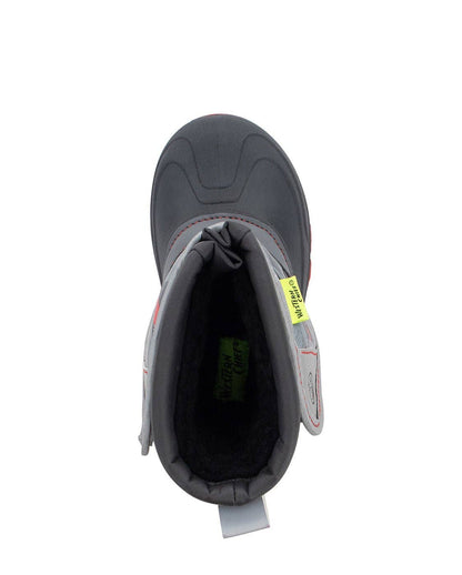 Gray winter boot with a visible brand label on a white background