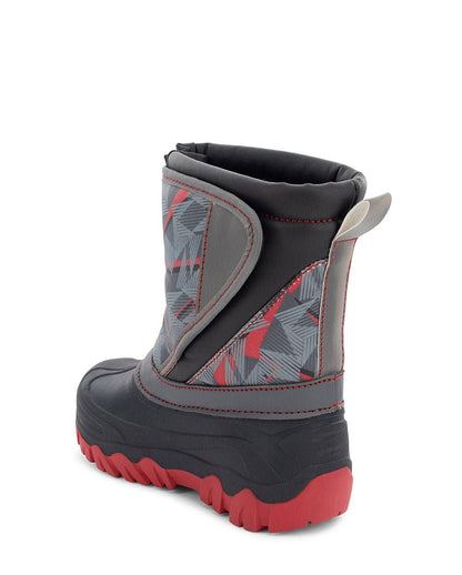 Child's snow boot with gray and red design on a white background