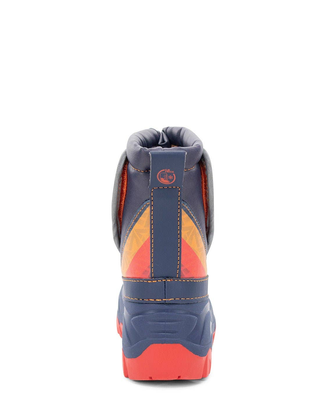 Back view of a blue and orange winter boot on a white background