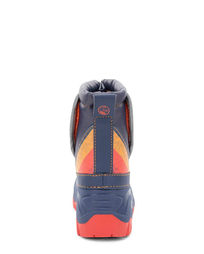 Back view of a blue and orange winter boot on a white background