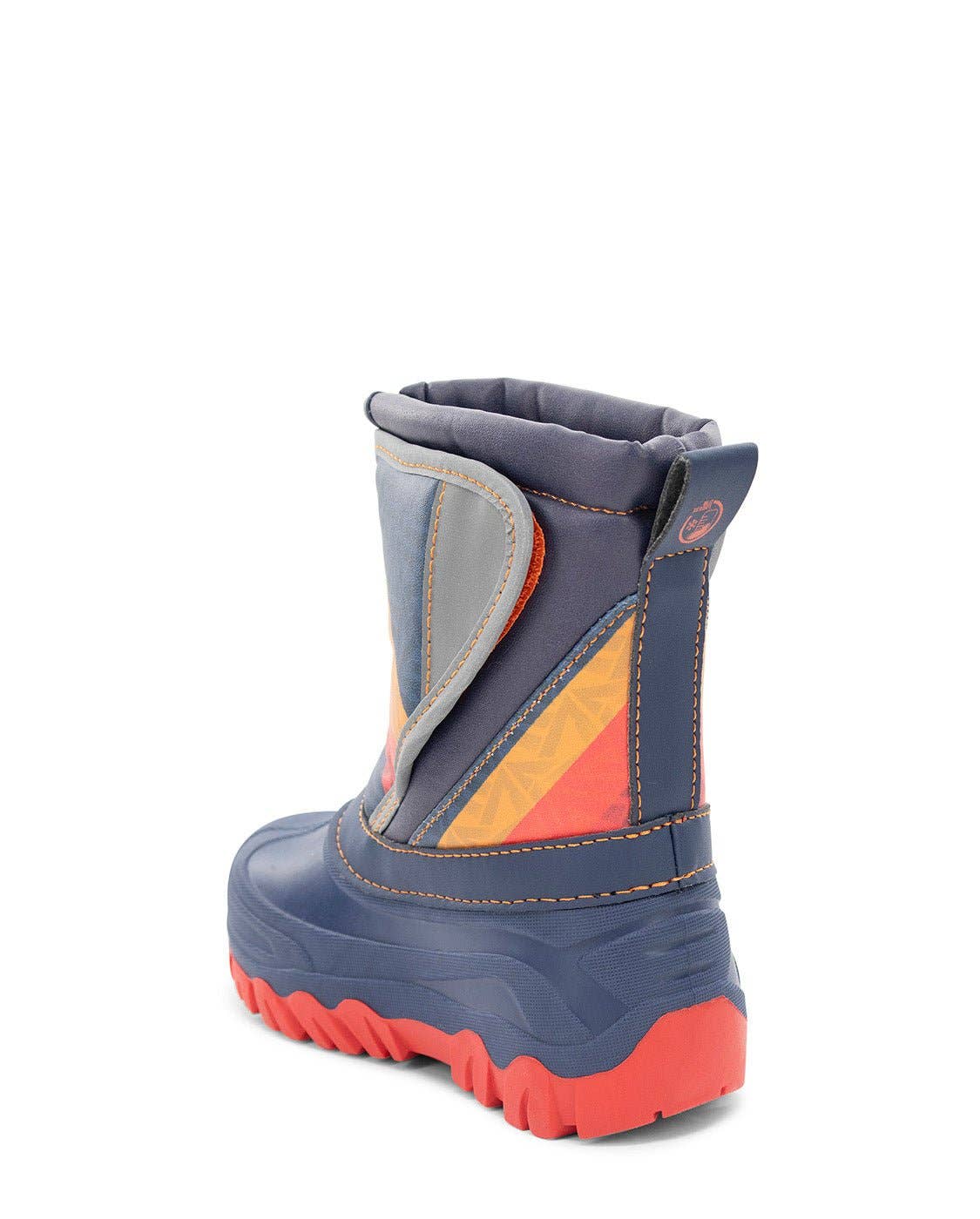 Children's snow boot with blue, orange, and red design on a white background