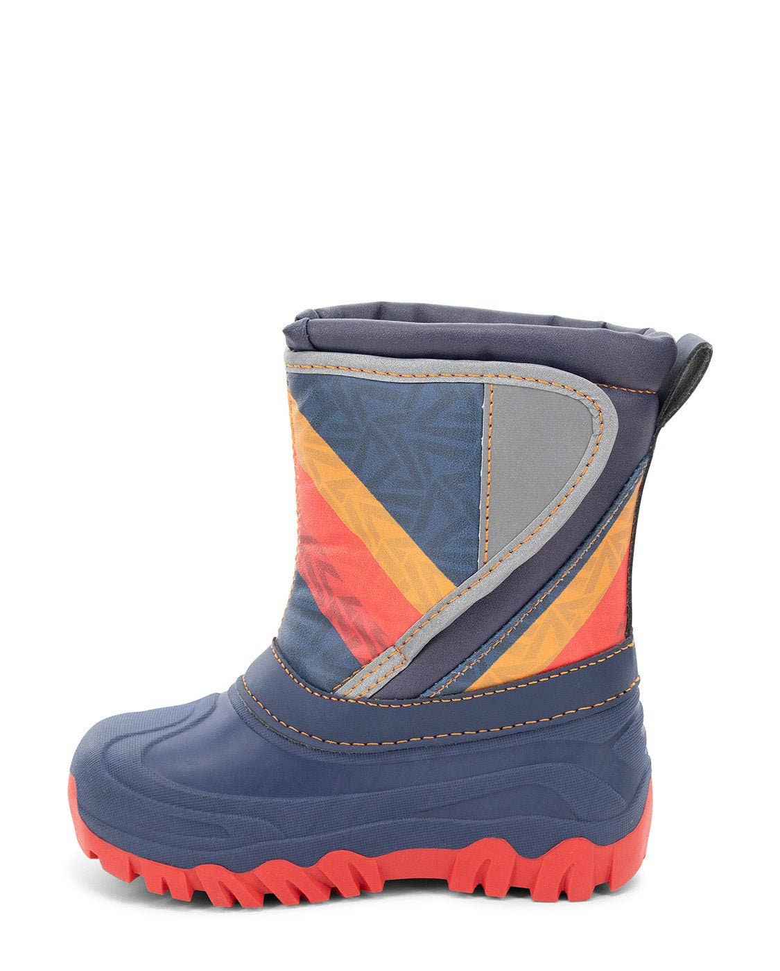 Children's snow boot with colorful pattern on a white background