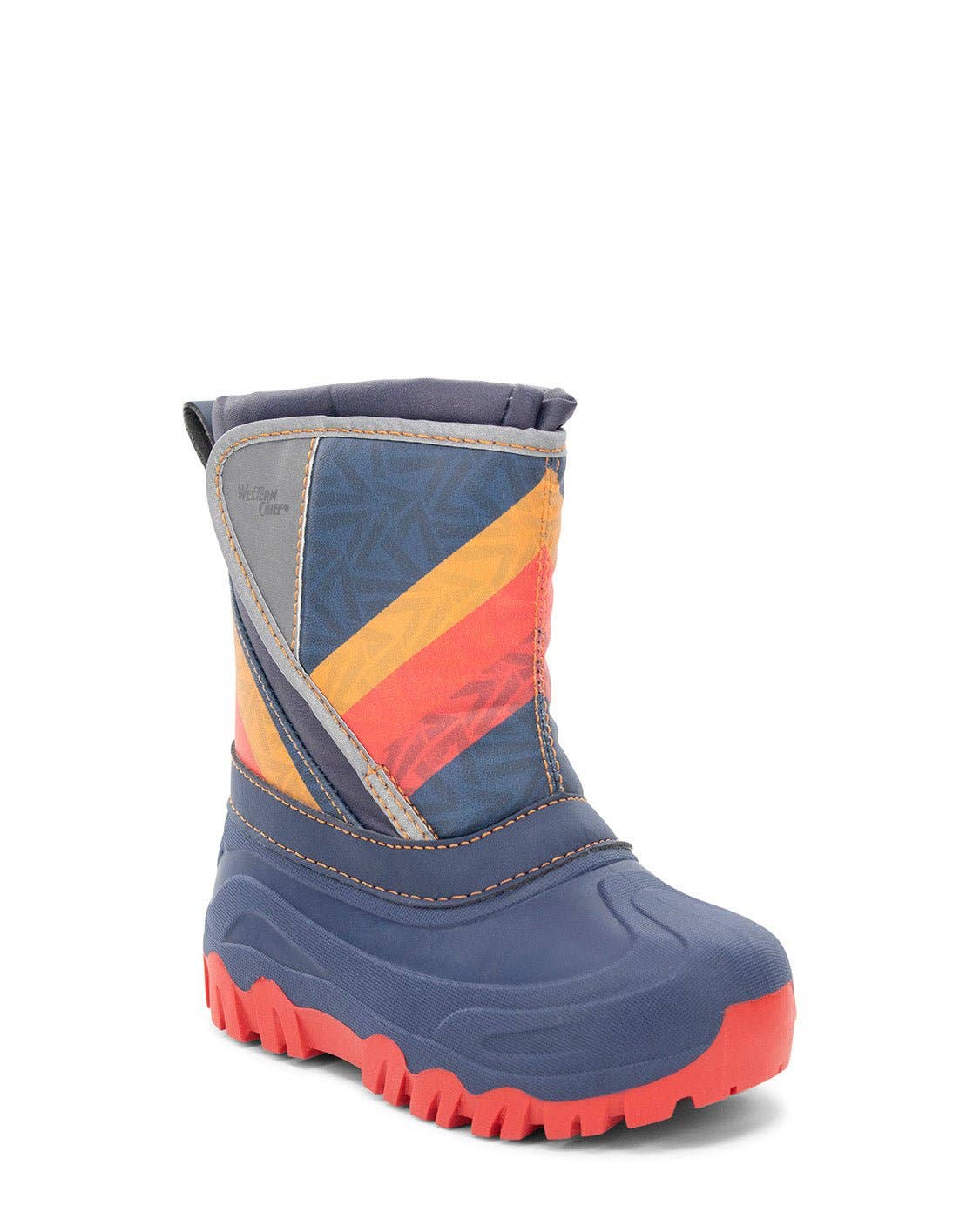 Blue children's snow boot with orange and yellow pattern on a white background
