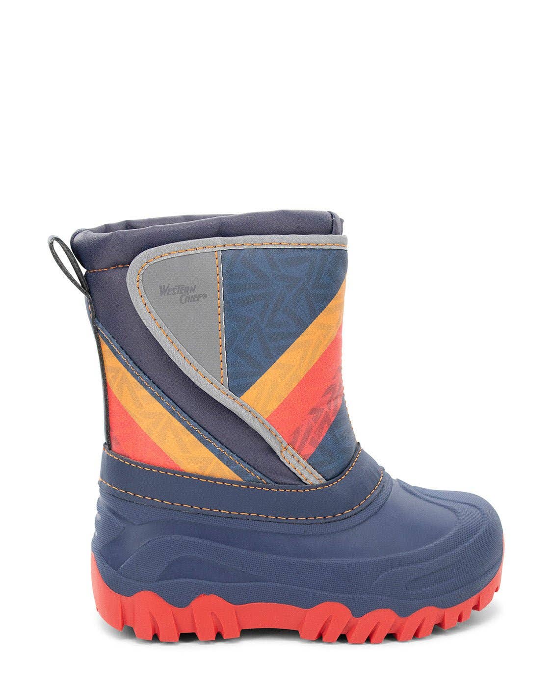 Blue children's snow boot with colorful pattern on a white background