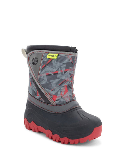 Child's snow boot with gray and red pattern on a white background