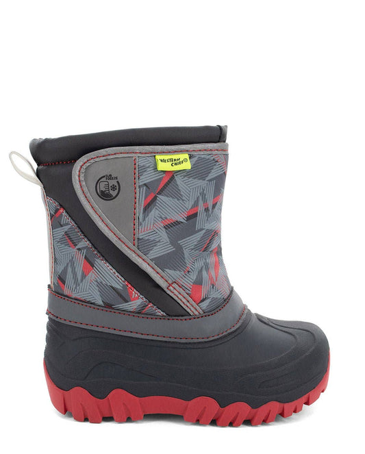 Child's snow boot with gray and red pattern on a white background