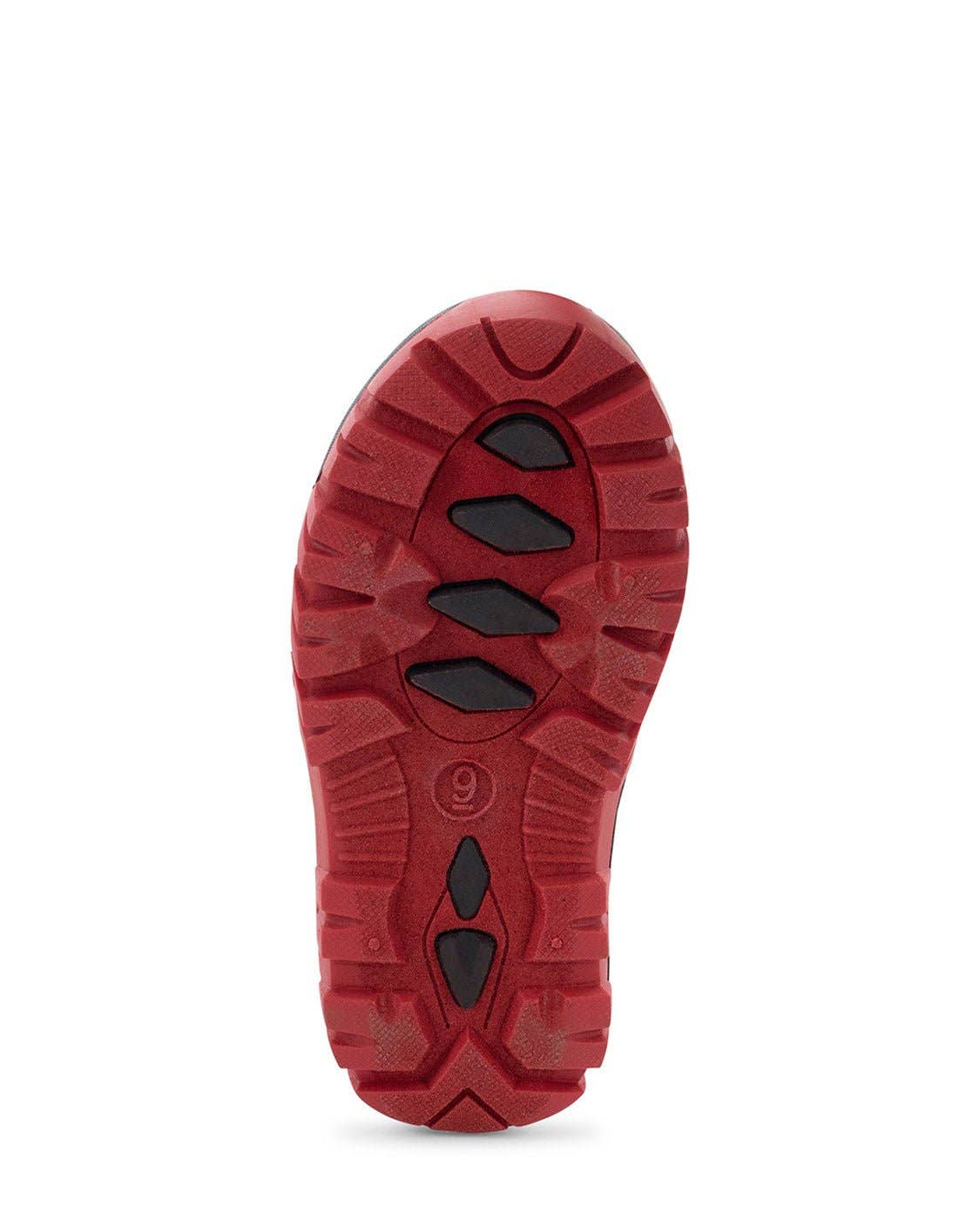 Red shoe sole with a brand logo on a white background