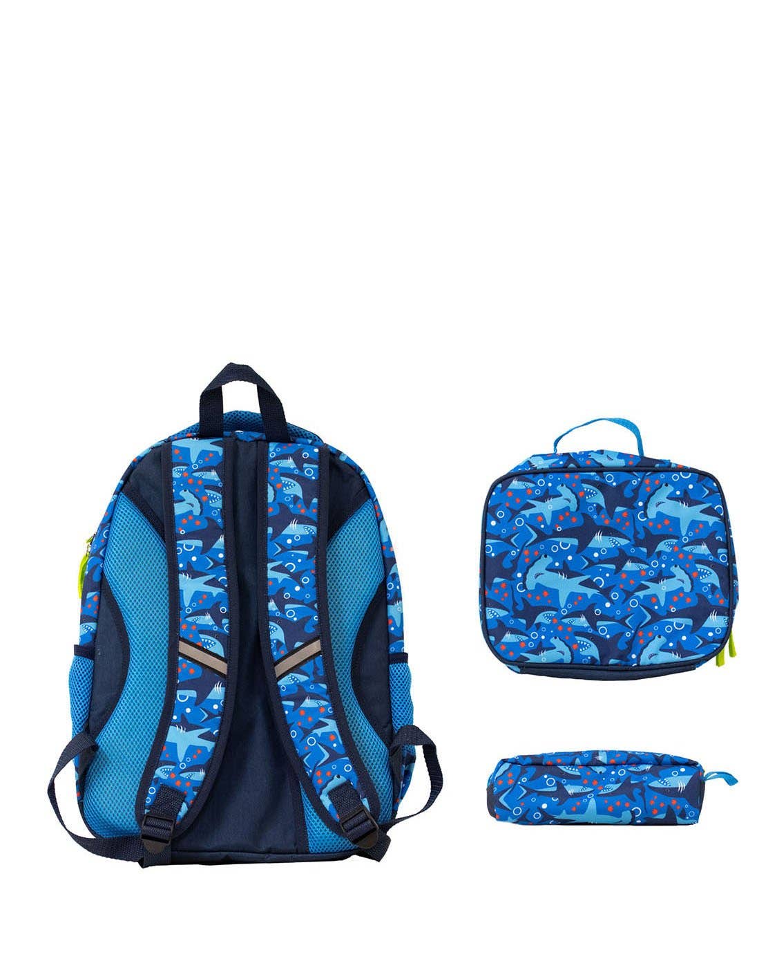 Blue backpack, lunch bag, and pencil case with dinosaur pattern on a white background