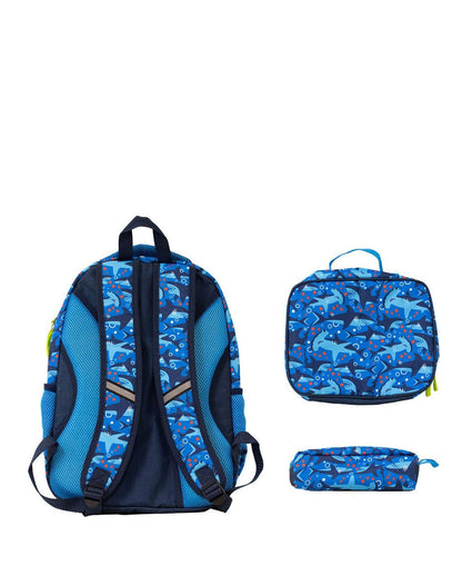Blue backpack, lunch bag, and pencil case with dinosaur pattern on a white background