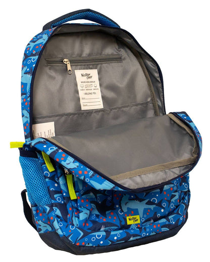 Blue patterned backpack with gray interior on a white background