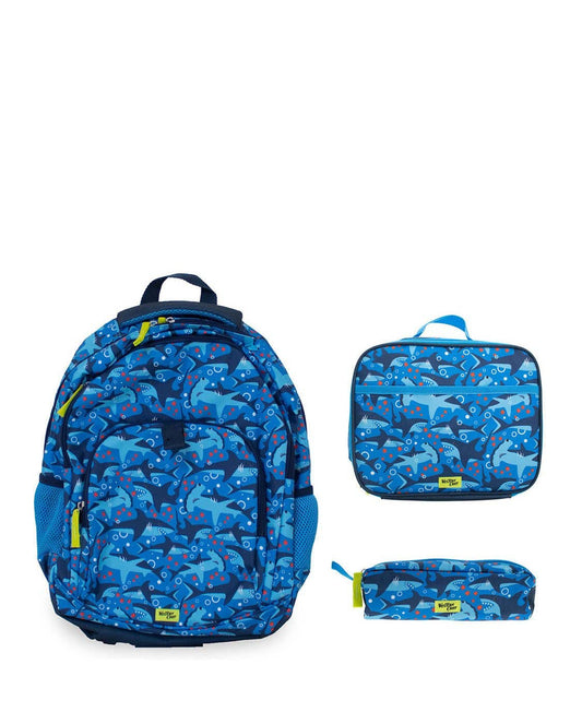 Blue backpack, lunch bag, and pencil case with dinosaur pattern on a white background