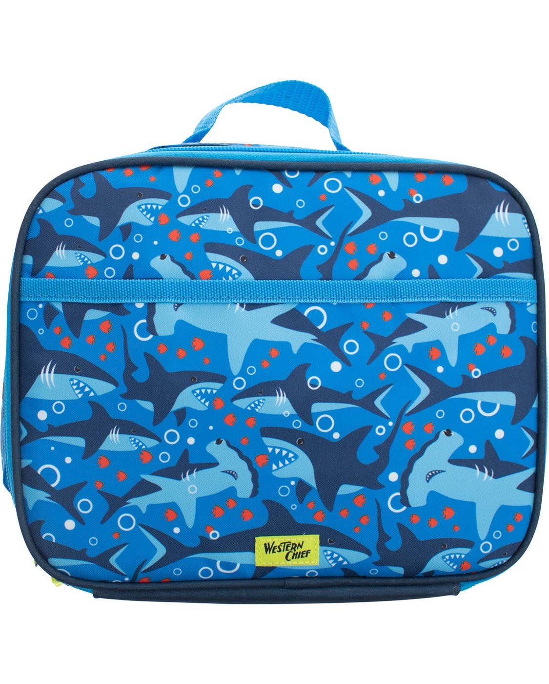 Blue insulated lunch bag with shark pattern on a white background