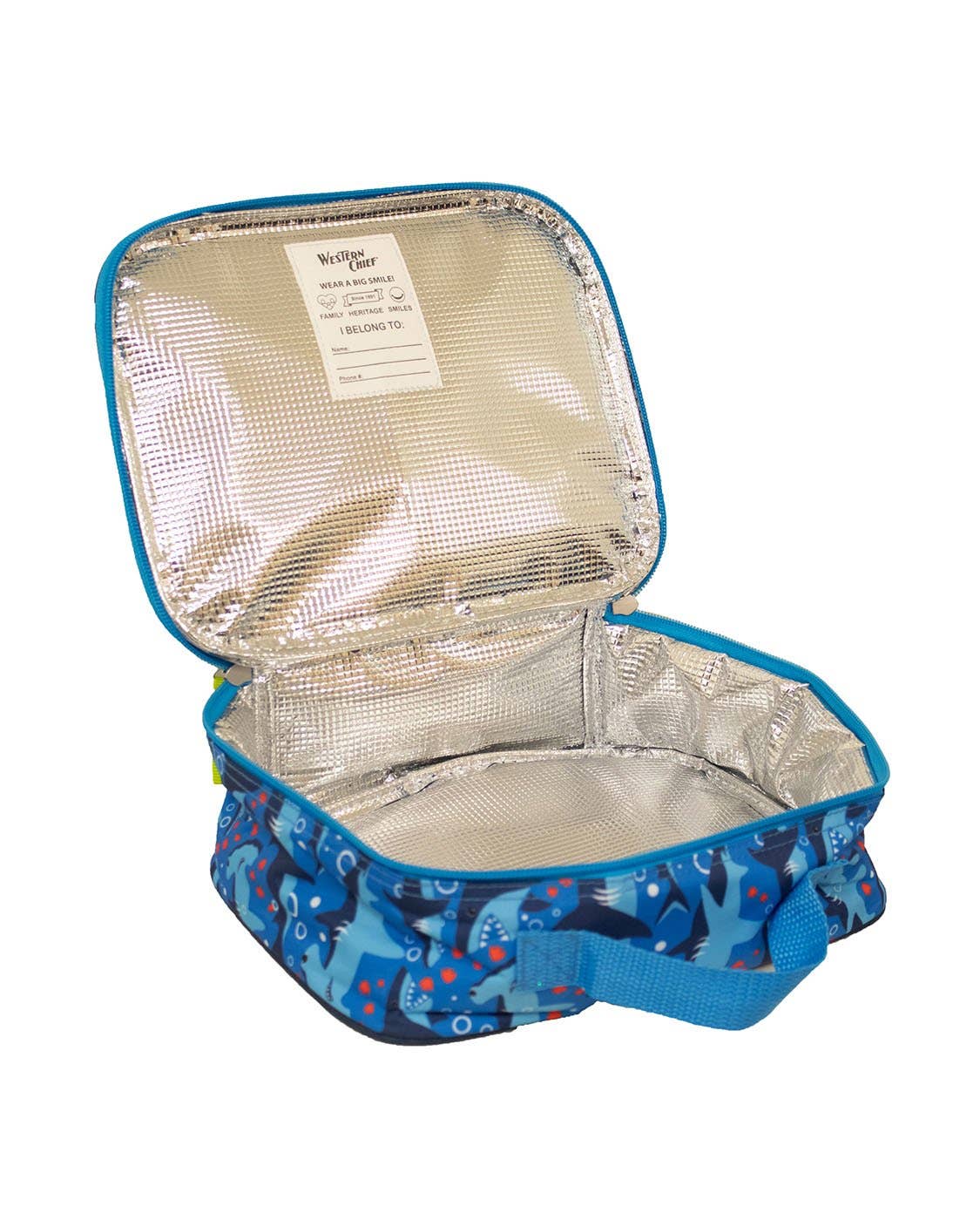 Insulated lunch bag with blue exterior and silver interior on a white background