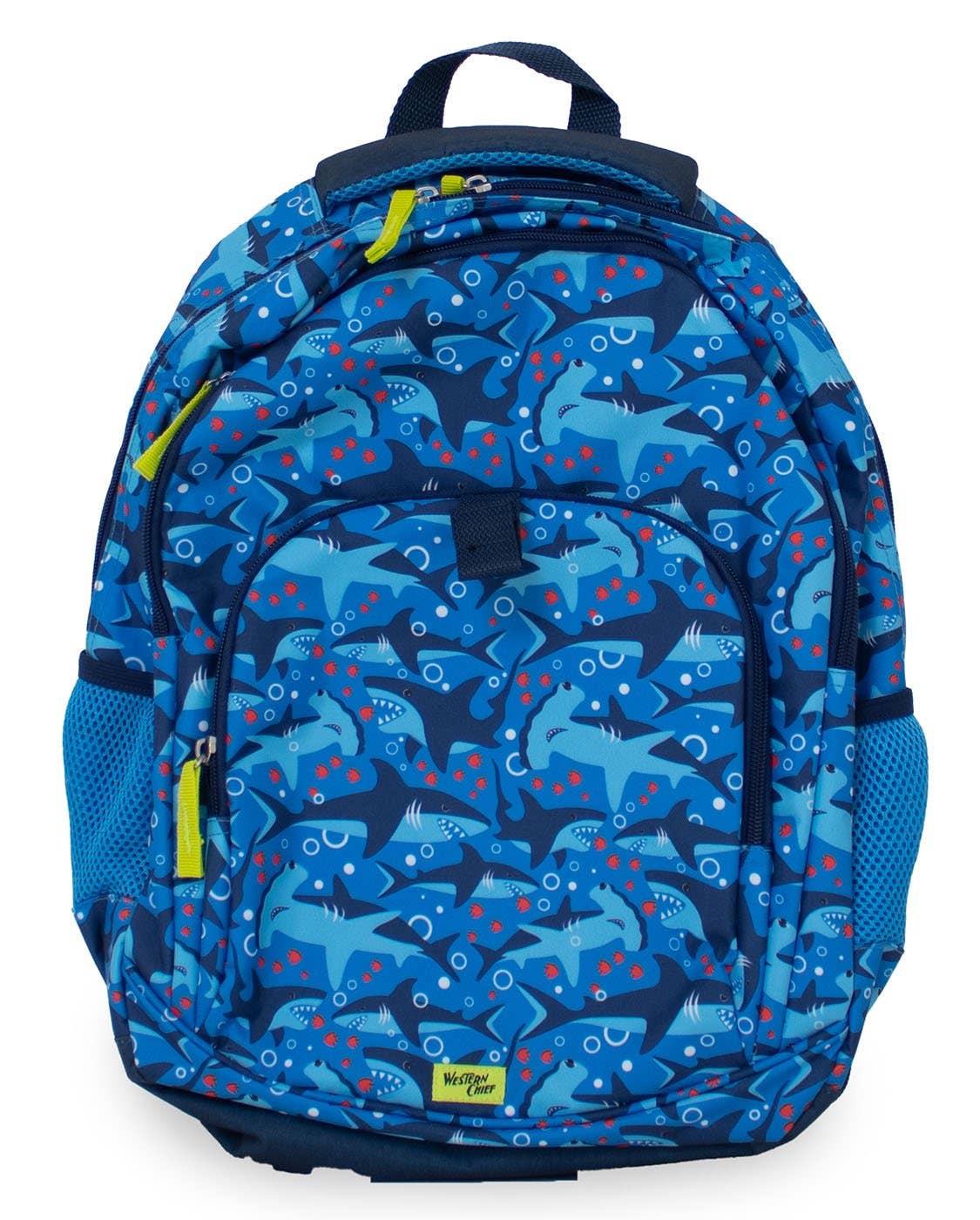 Blue backpack with shark pattern on a white background
