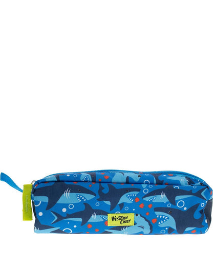 Blue pencil case with shark pattern on a white background