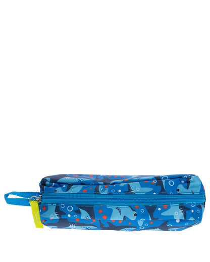 Blue pencil case with bear pattern on a white background