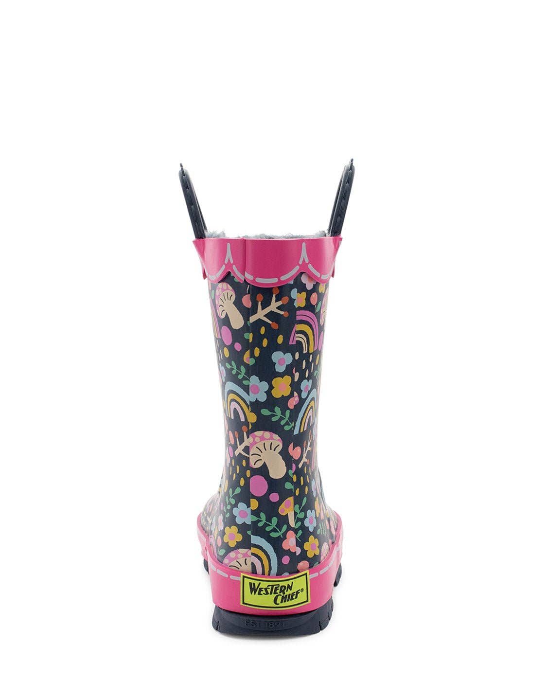 Children's rain boot with colorful patterns on a white background, back view