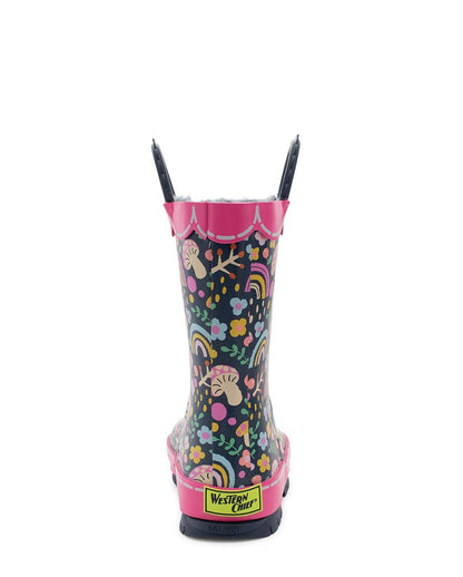 Children's rain boot with colorful patterns on a white background, back view
