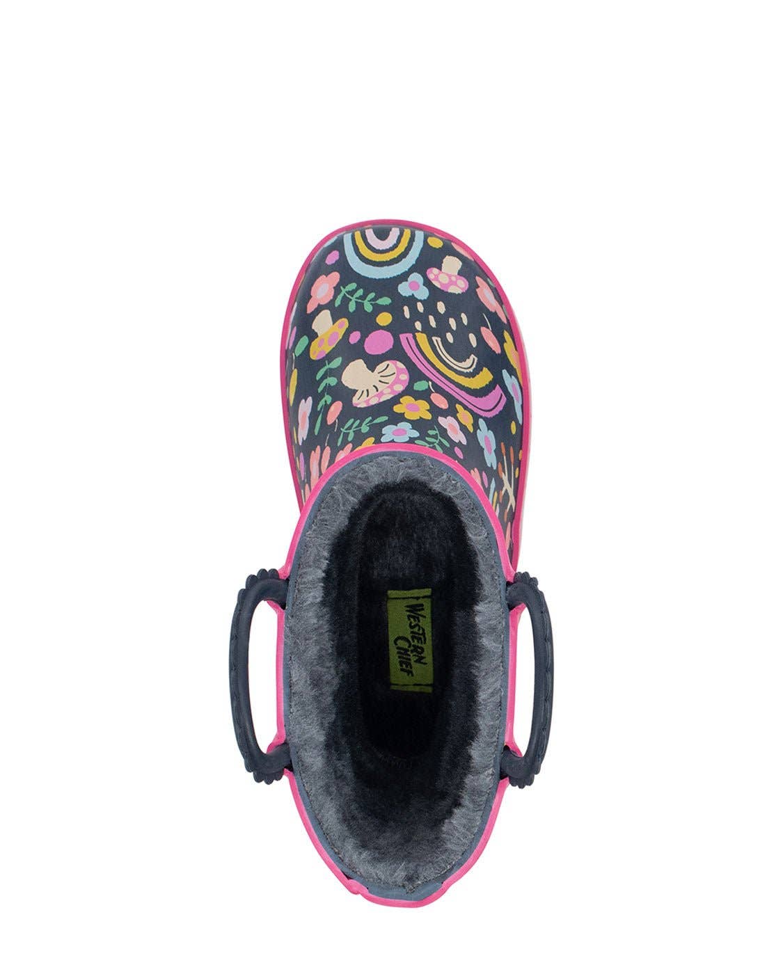 Children's boot with colorful pattern on a white background