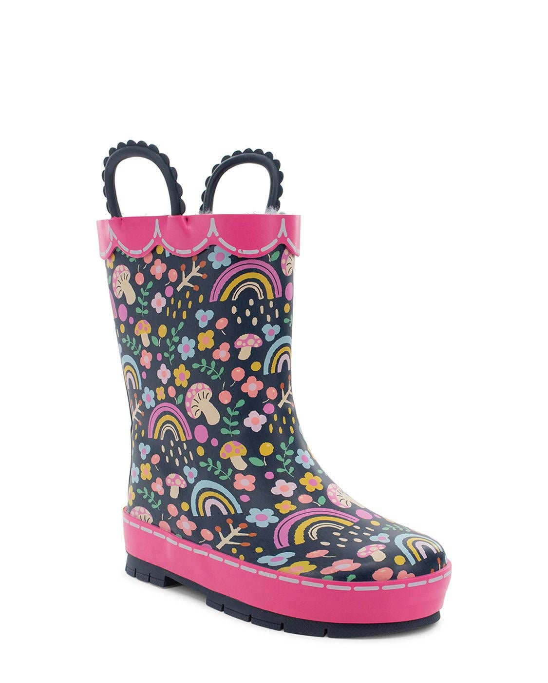 Colorful rain boot with floral and rainbow pattern on a white background