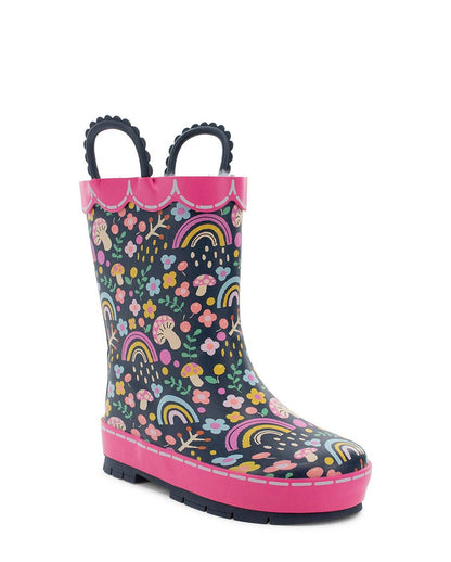 Colorful rain boot with floral and rainbow pattern on a white background