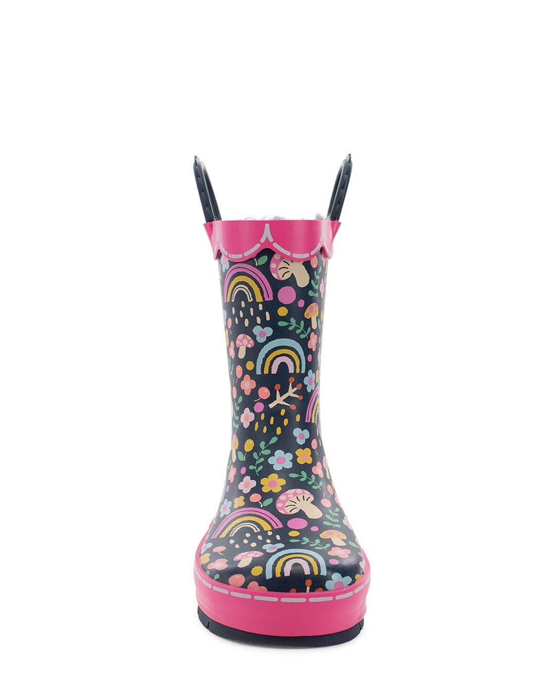 Children's rain boot with colorful patterns on a white background, front view