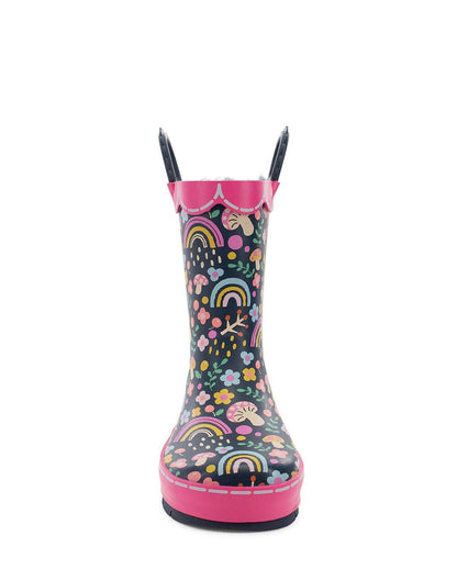 Children's rain boot with colorful patterns on a white background, front view
