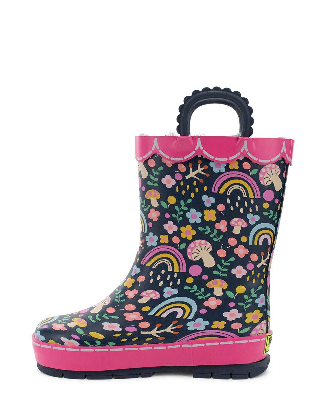Children's rain boot with colorful pattern on a white background