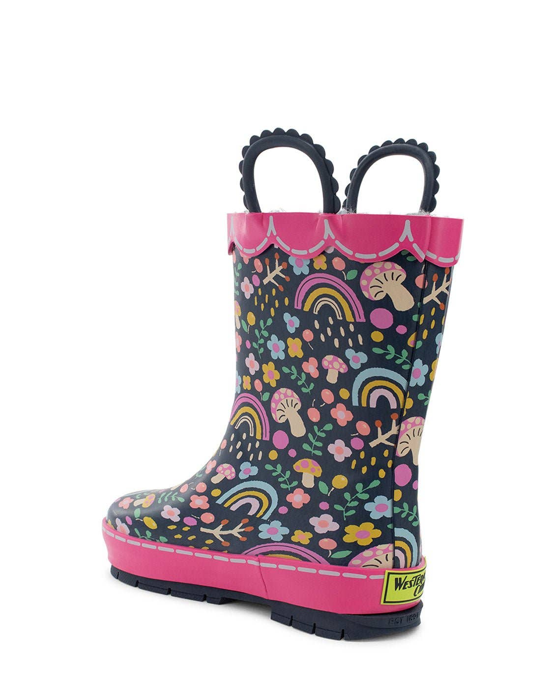 Children's rain boot with colorful patterns on a white background