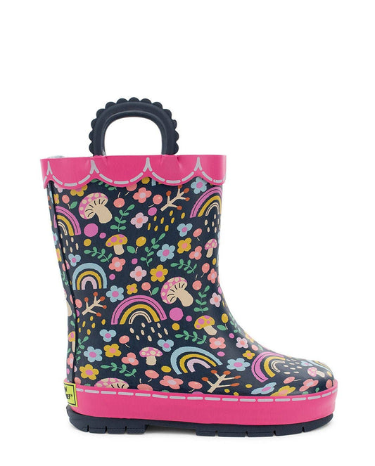Children's rain boot with colorful pattern on a white background