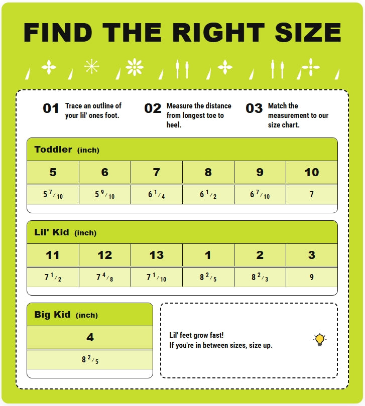 Chart for determining shoe size with measurements and instructions on a green background