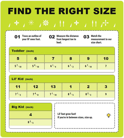 Chart for determining shoe size with measurements and instructions on a green background