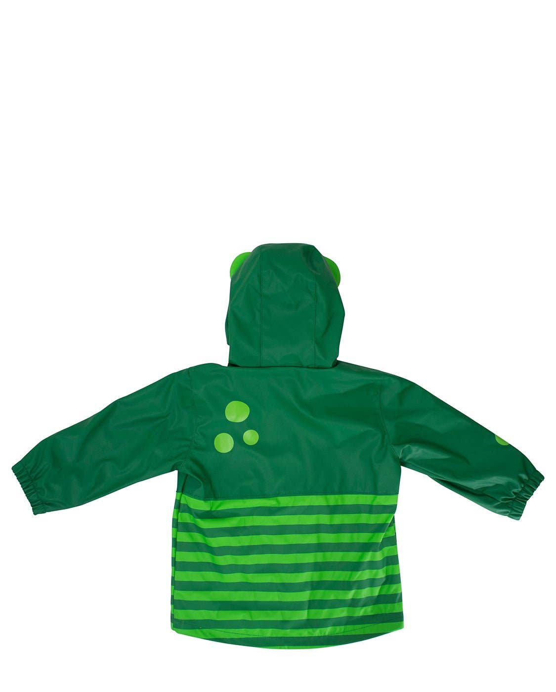 Green raincoat with striped pattern and logo on a white background