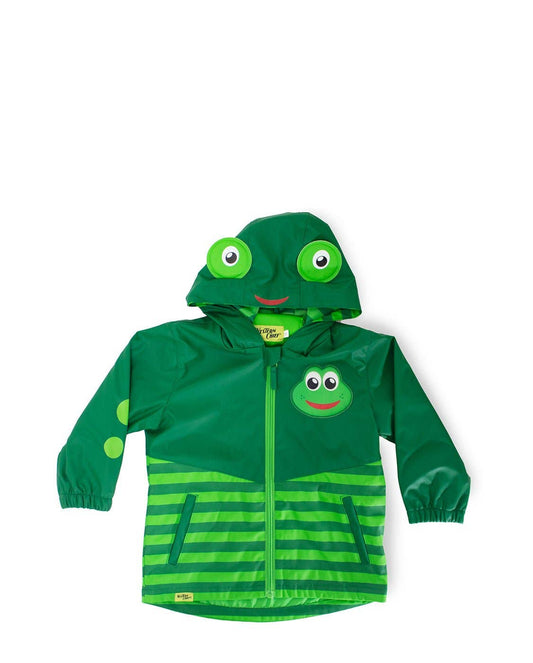Green children's raincoat with frog design on a white background
