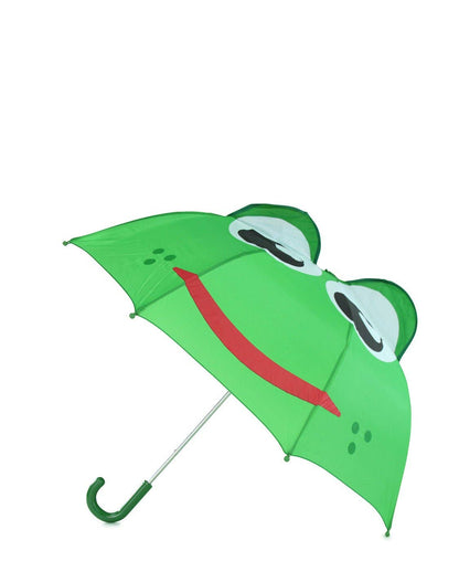 Green umbrella shaped like a frog with a red tongue on a white background
