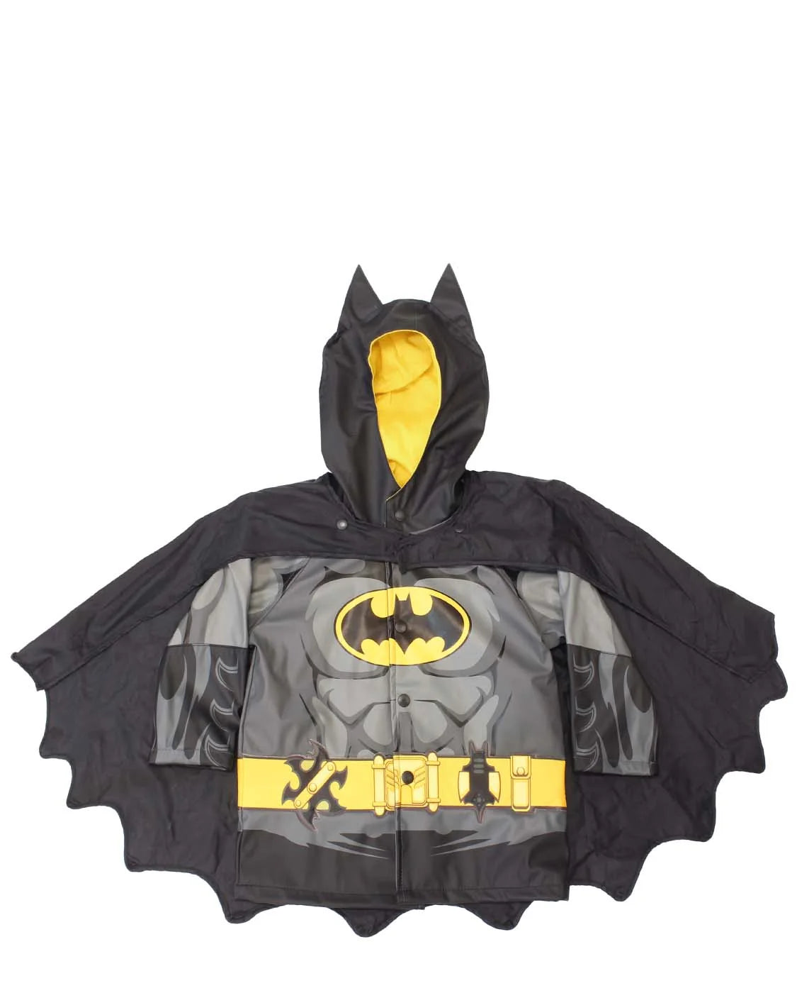 A children's Batman cape costume jacket with a hood, featuring a black and gray textured body, a yellow chest emblem, a yellow utility belt graphic, and a bright yellow hood lining, shown against a plain white background.