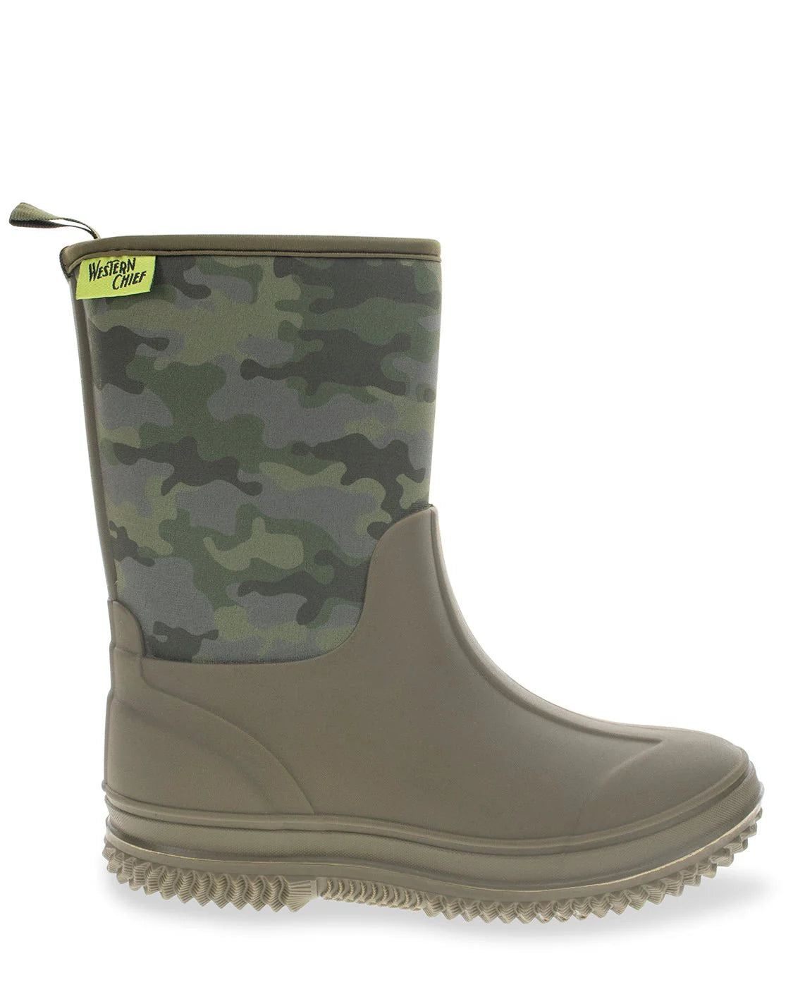 A single mid-calf rain boot with a camouflage pattern upper and a solid taupe-brown rubber toe cap and sole, shown against a plain white background.