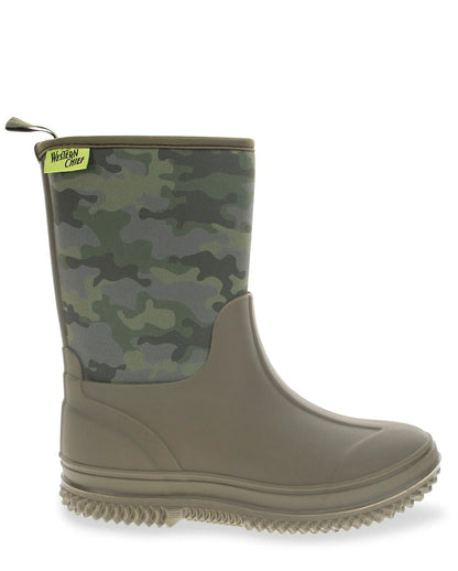 A single mid-calf rain boot with a camouflage pattern upper and a solid taupe-brown rubber toe cap and sole, shown against a plain white background.