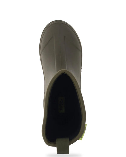 A single olive green rubber rain boot shown from a top-down view against a white background.